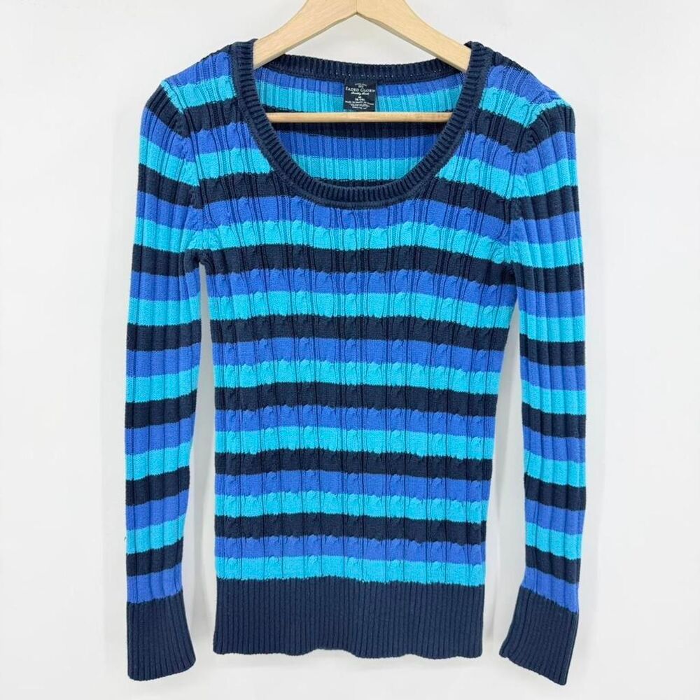 Faded Glory Blue Striped Cable Knit Sweater Organic Cotton Y2K Downtown Girl M